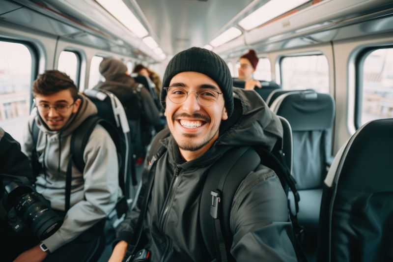 Jeunes passagers heureux dans un minibus 20 places